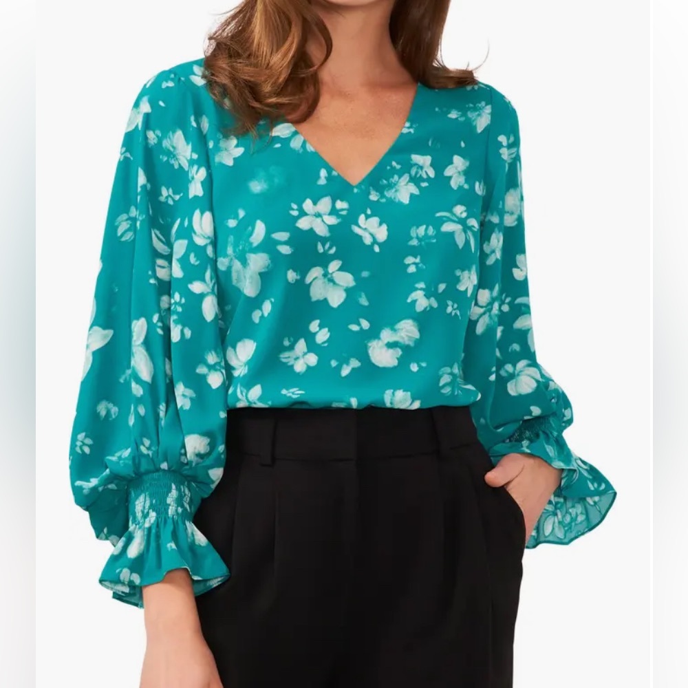 Halogen Women’s Teal Floral V-Neck Blouse Blouson Sleeve Smocked Cuff 3X Plus